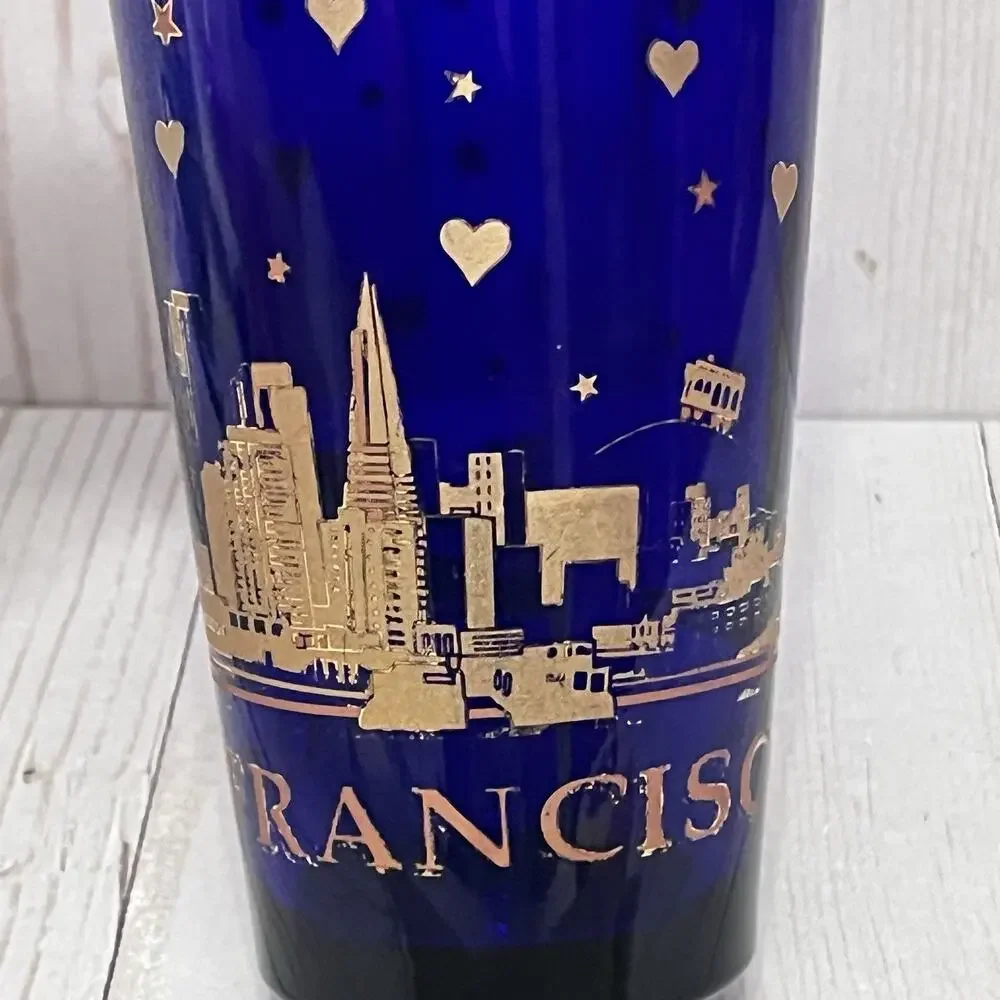 Vintage 90's San Francisco Cobalt Blue Glass Gold Skyline Hearts Stars Souvenir